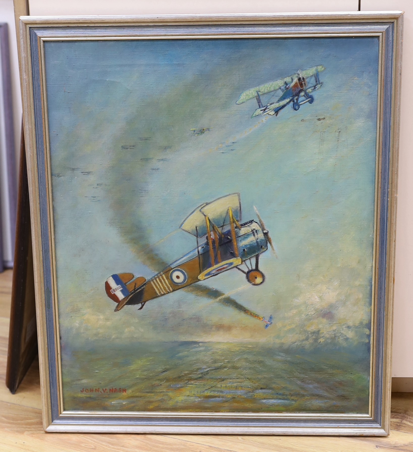 John V. Nash (20th C.), oil on canvas, 'Major W.G. Barker flying a Sopwith Snipe, 1918', signed, 60 x 50cm